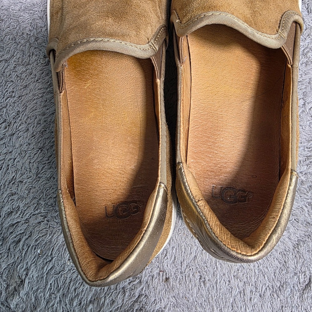 UGG Jass Slip On Sneakers Tan Suede Gold Metallic Women Size 10 Excellent - Picture 4 of 6
